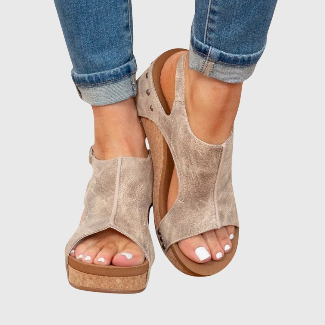 Women's Orthopedic Open-Toe Wedge Sandals Cushioned Slingback - Beige