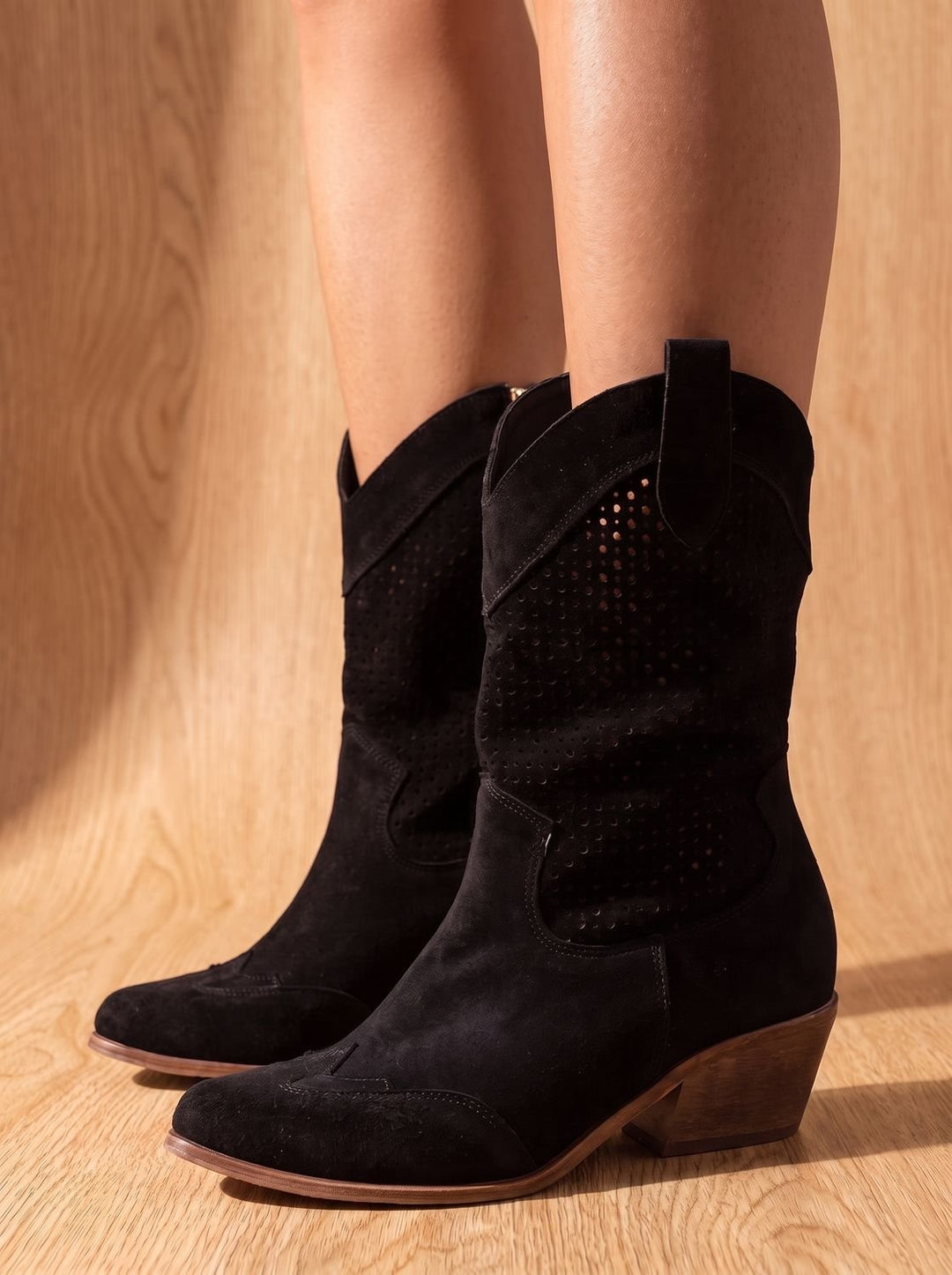 Women's Orthopedic Perforated Suede Western Mid-Calf Block-Heel Boots - Black