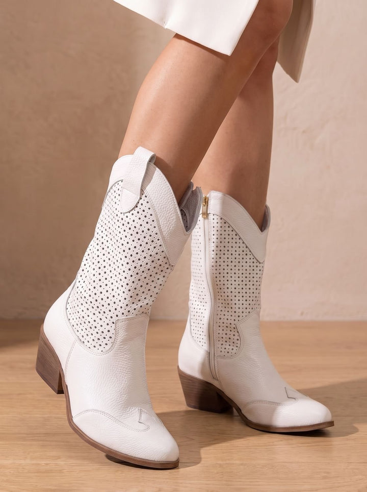 Women's Orthopedic Perforated Suede Western Mid-Calf Block-Heel Boots - White