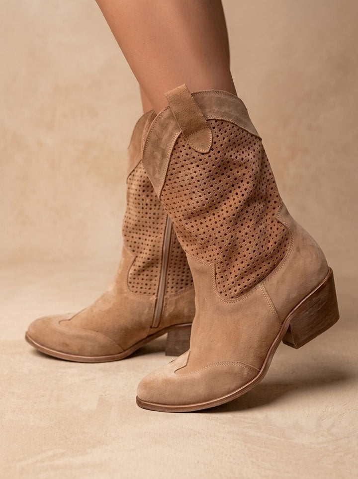 Women's Orthopedic Perforated Suede Western Mid-Calf Block-Heel Boots