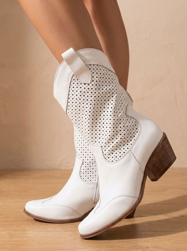 Women's Orthopedic Perforated Suede Western Mid-Calf Block-Heel Boots