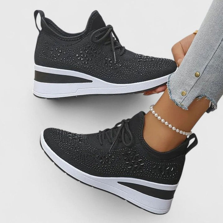 Women's Orthopedic Rhinestone Knit Wedge Sneakers - Black
