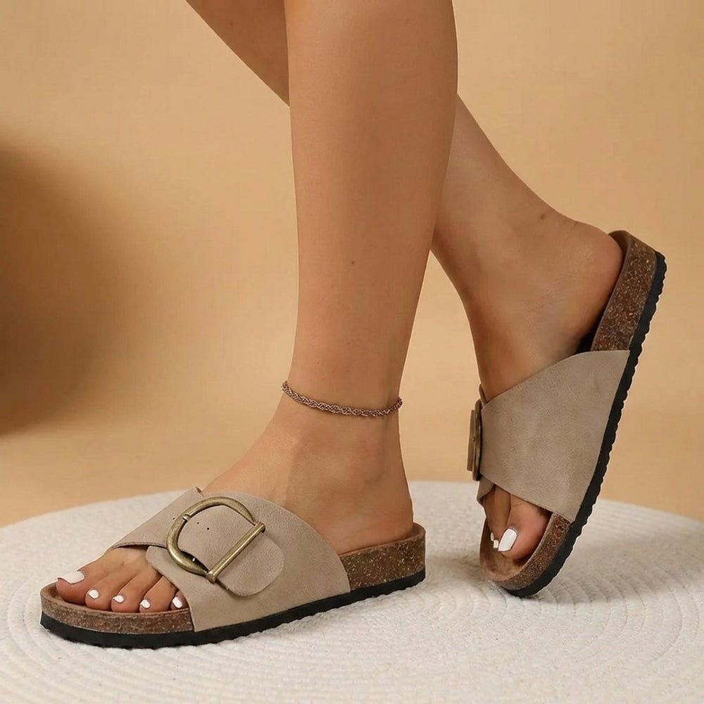 Women's Orthopedic Slide Sandals Buckle Cork Sole Support - Khaki