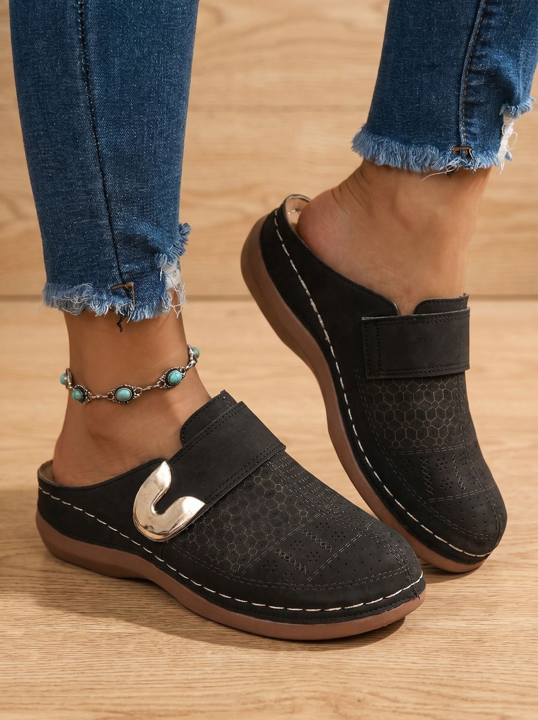 Women's Orthopedic Slip-On Mule Slippers Velcro Adjustable Strap - Black