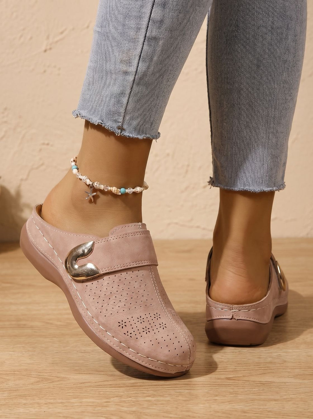 Women's Orthopedic Slip-On Mule Slippers Velcro Adjustable Strap - Beige