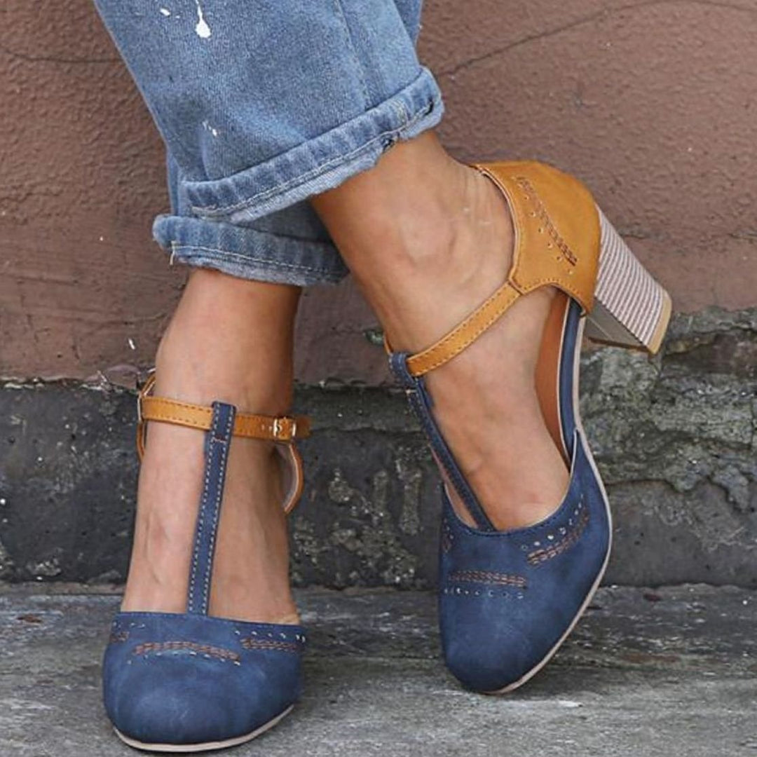 Women's Orthopedic T-Strap Block-Heel Heeled Shoes - Blue