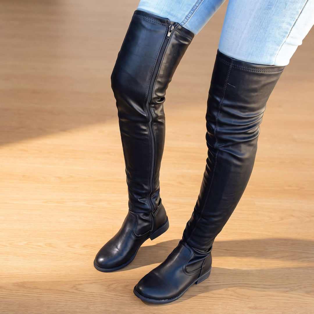 Women's Over-the-Knee Slim-Fit Block-Heel Boots - Black