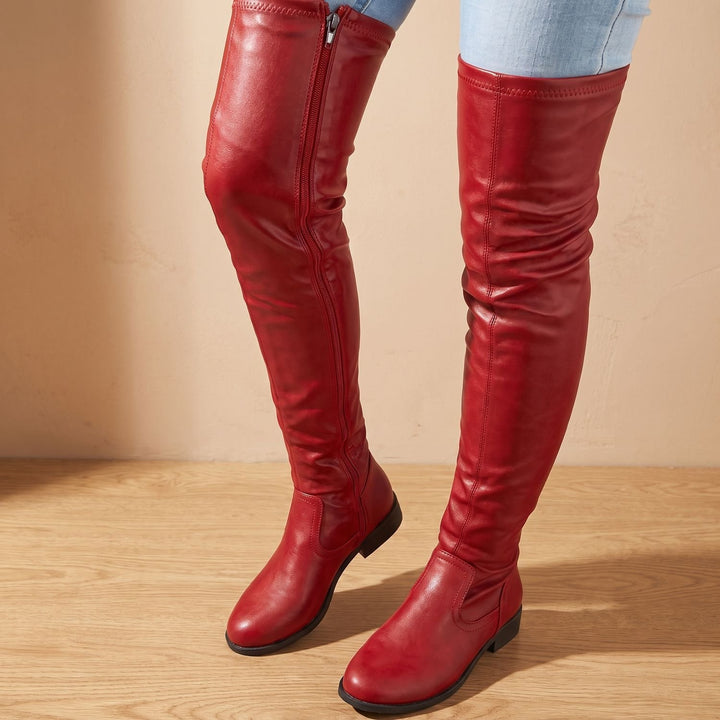 Women's Over-the-Knee Slim-Fit Block-Heel Boots - Red