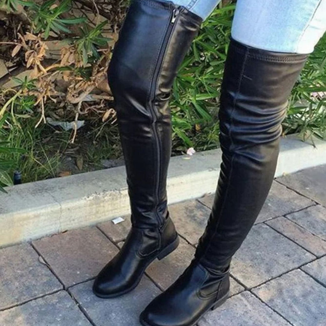 Women's Over-the-Knee Slim-Fit Block-Heel Zipper Boots - Black