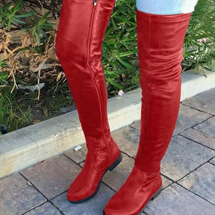 Women's Over-the-Knee Slim-Fit Block-Heel Zipper Boots - Red