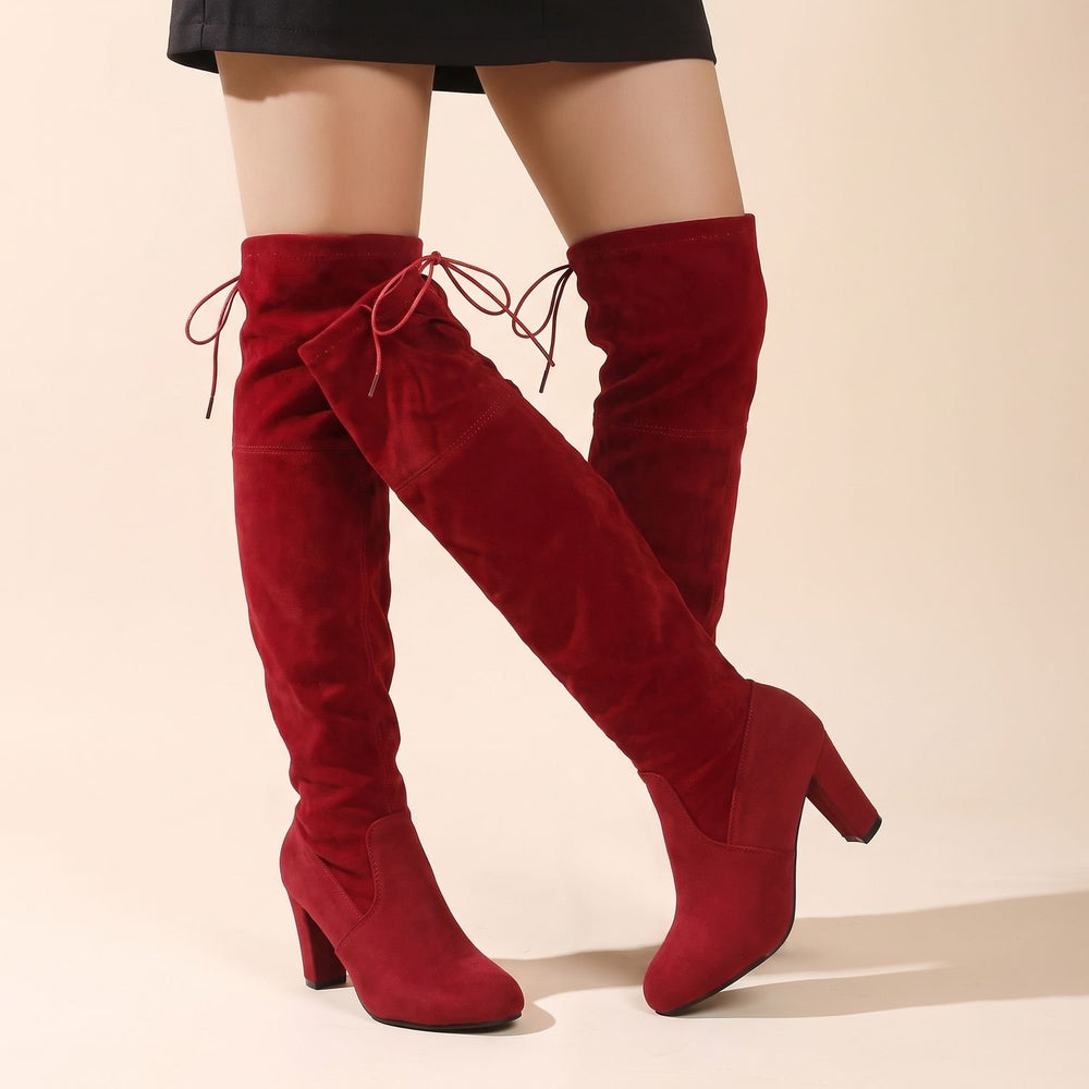 Women's Over-the-Knee Thigh High Boots Block Heel Drawstring - Burgundy