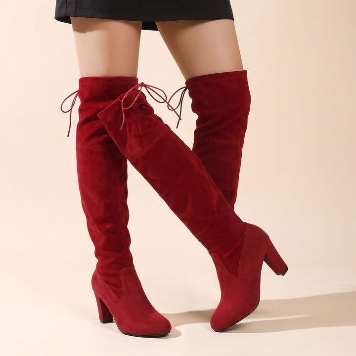 Women's Over-the-Knee Thigh High Boots Block Heel Drawstring - Burgundy