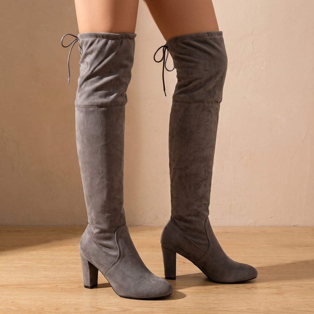 Women's Over-the-Knee Thigh High Boots Block Heel Drawstring