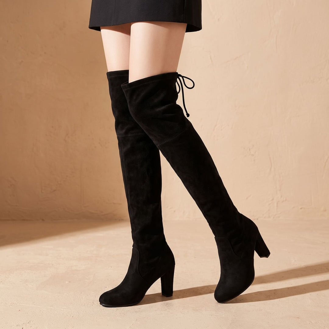 Women's Over-the-Knee Thigh High Boots Block Heel Drawstring
