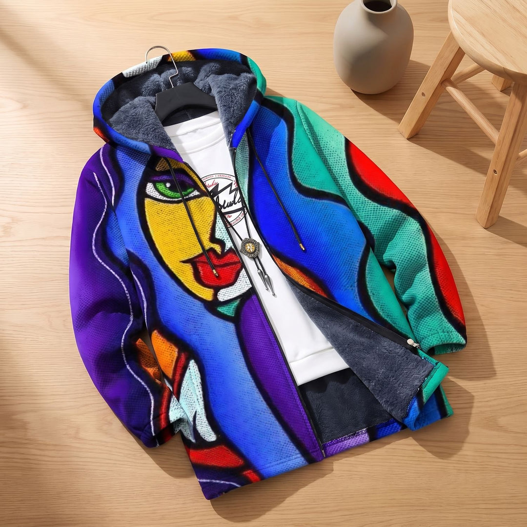Women's Oversized Abstract Art Fleece-Lined Zip-Up Hooded Cardigan - Multicolor