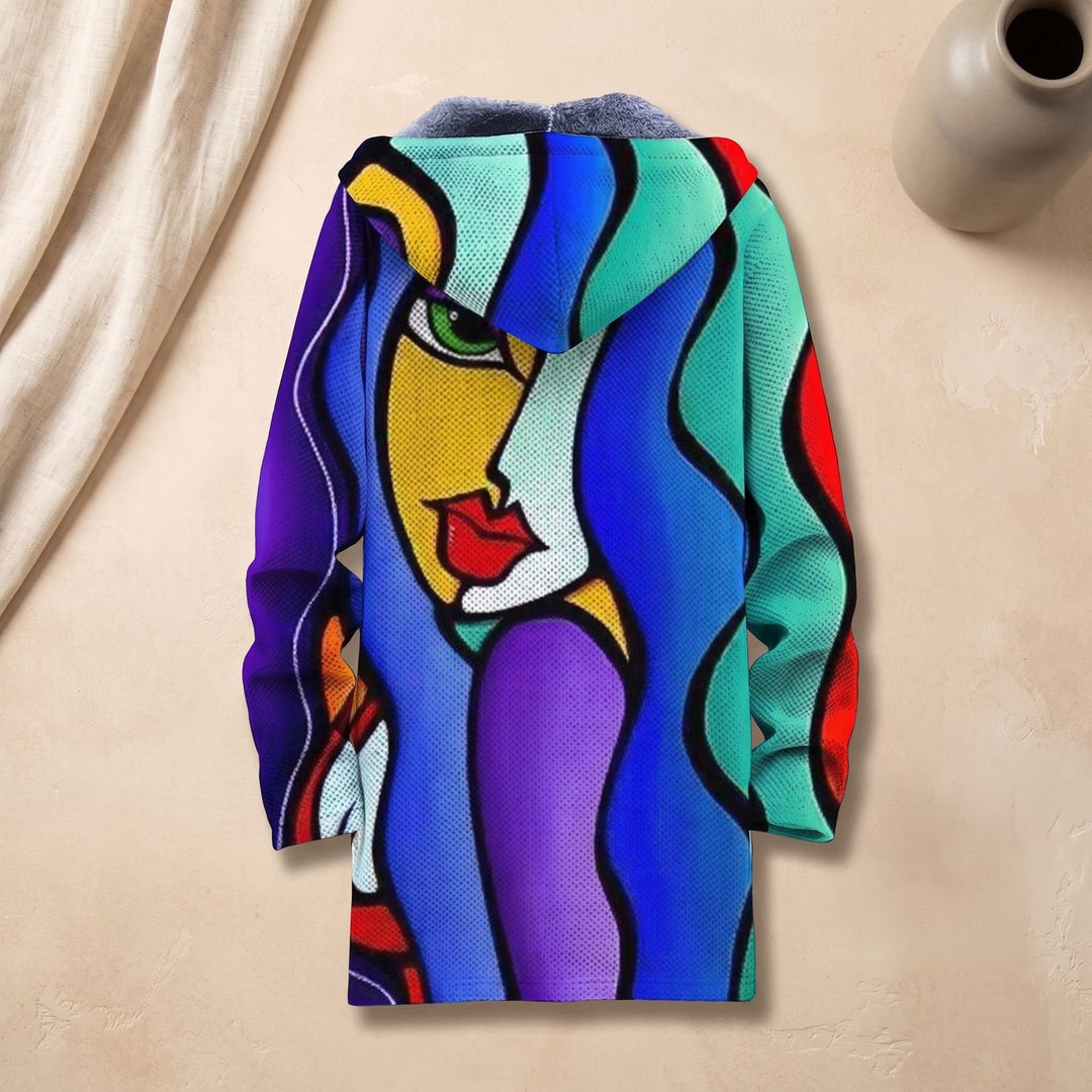 Women's Oversized Abstract Art Fleece-Lined Zip-Up Hooded Cardigan