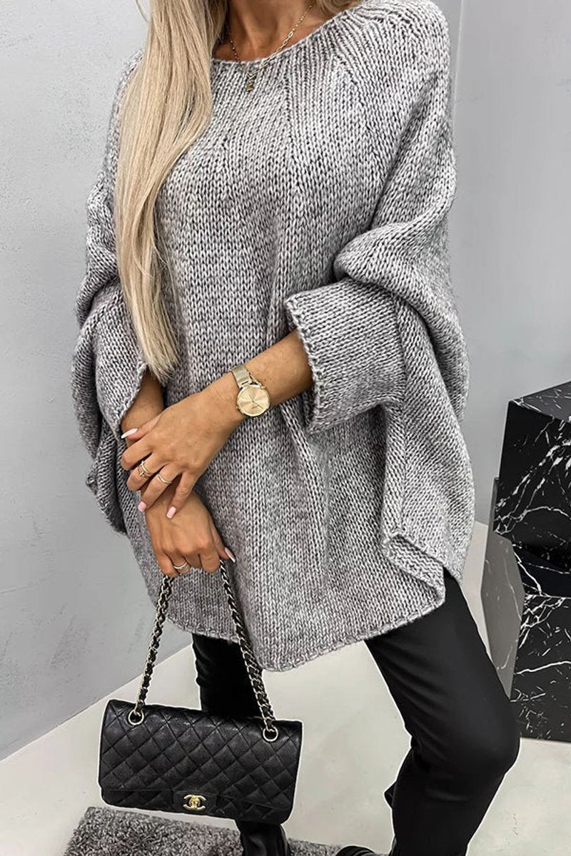 Women's Oversized Batwing-Sleeve Crewneck Knit Sweater - Gray