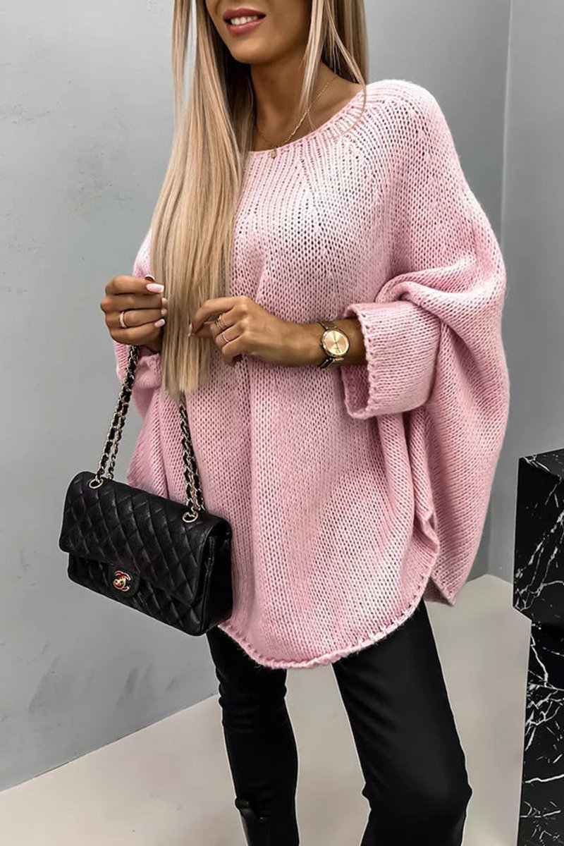 Women's Oversized Batwing-Sleeve Crewneck Knit Sweater - Pink