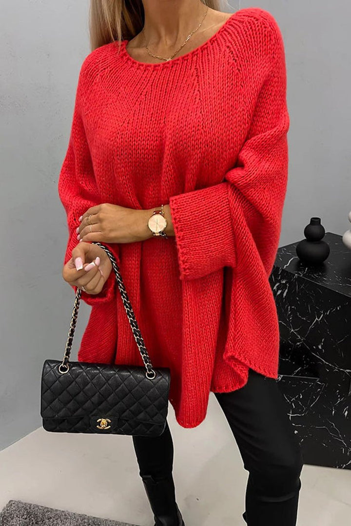 Women's Oversized Batwing-Sleeve Crewneck Knit Sweater - Red