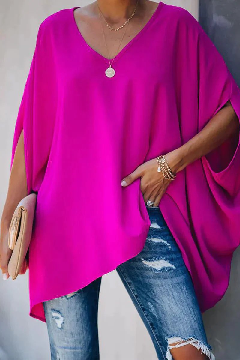Women's Oversized Batwing-Sleeve V-Neck Tunic Top - Pink