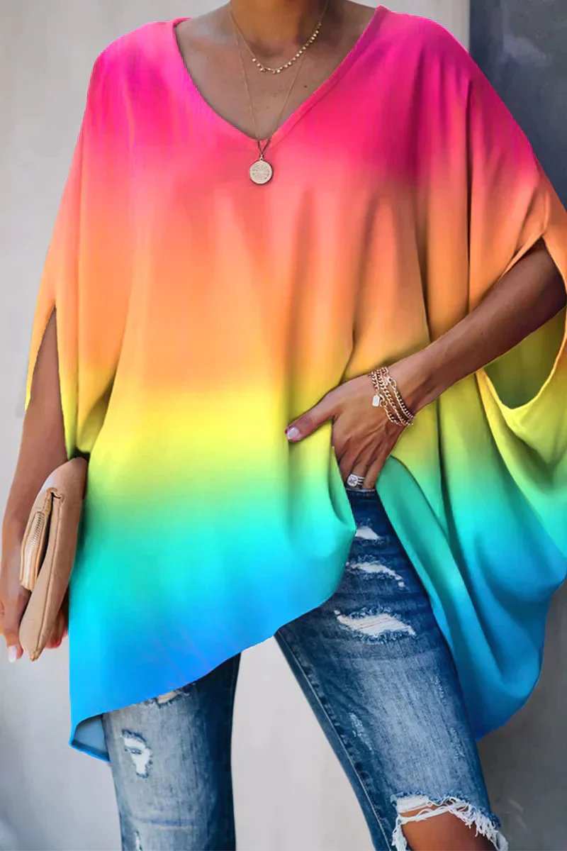 Women's Oversized Batwing-Sleeve V-Neck Tunic Top - Rainbow