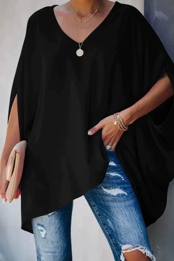 Women's Oversized Batwing-Sleeve V-Neck Tunic Top - Black