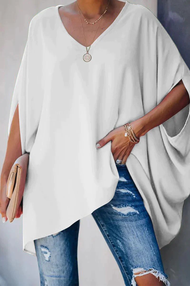 Women's Oversized Batwing-Sleeve V-Neck Tunic Top - White