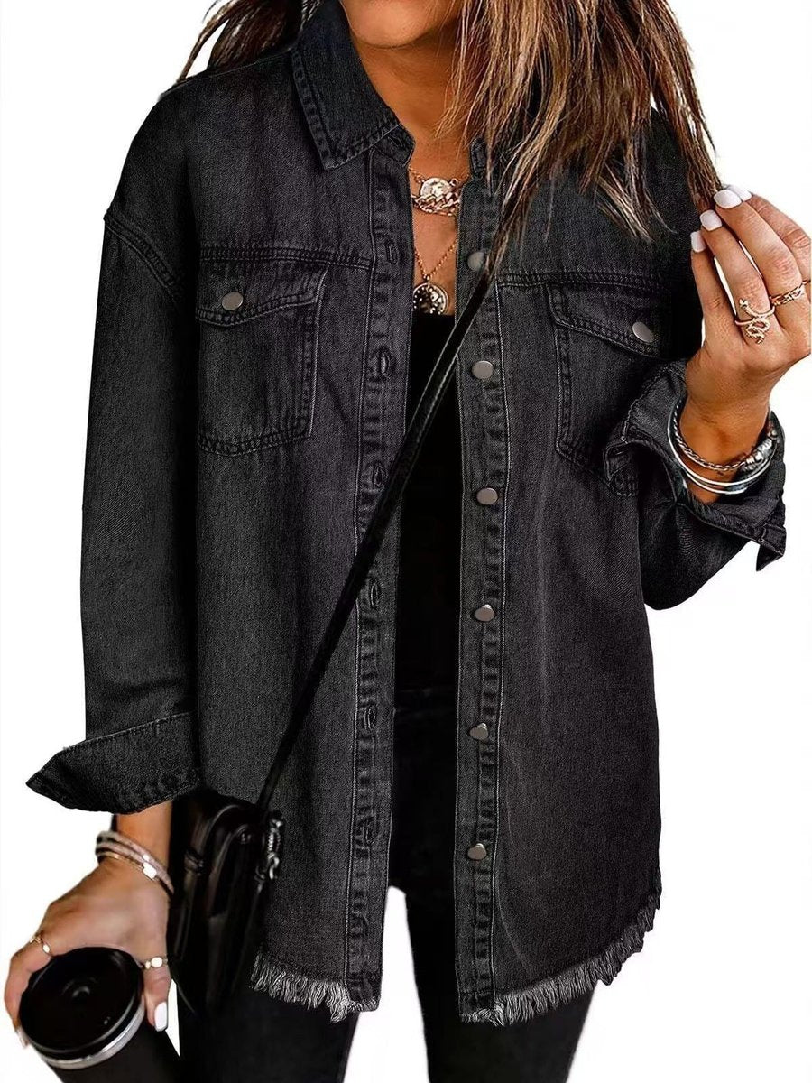 Women's Oversized Black Denim Snap-Button Longline Jacket - Black