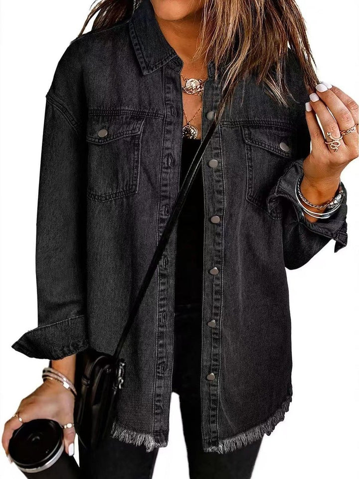 Women's Oversized Black Denim Snap-Button Longline Jacket - Black