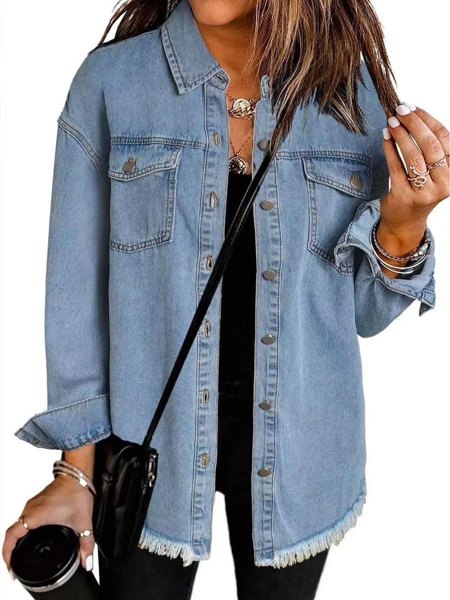 Women's Oversized Black Denim Snap-Button Longline Jacket - Light Blue