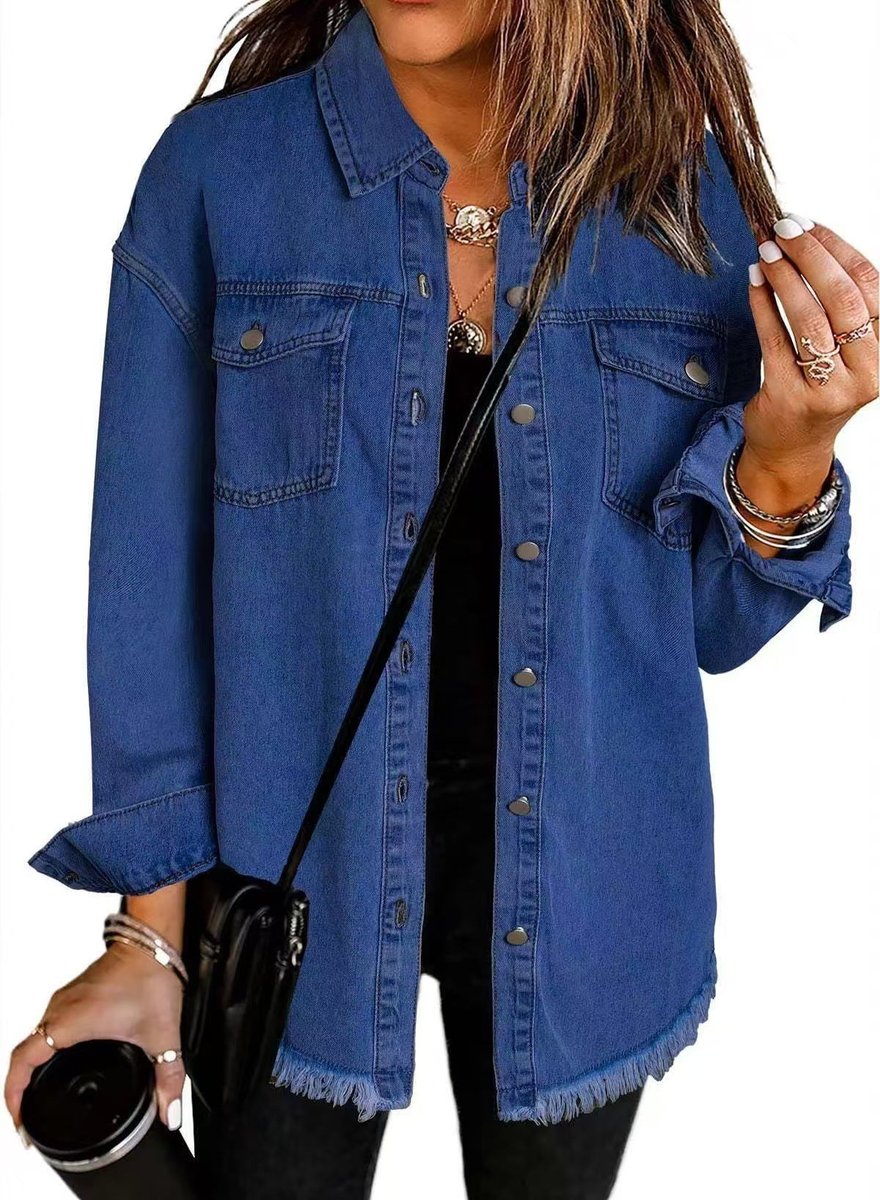 Women's Oversized Black Denim Snap-Button Longline Jacket - Dark Blue