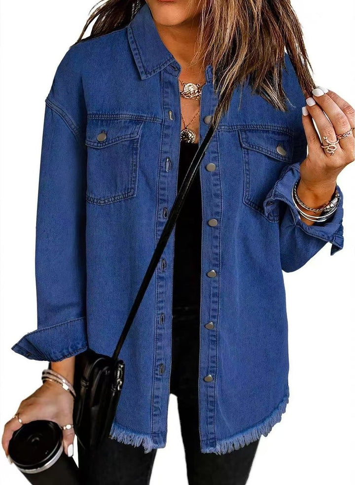 Women's Oversized Black Denim Snap-Button Longline Jacket - Dark Blue