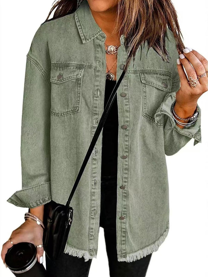 Women's Oversized Black Denim Snap-Button Longline Jacket - Olive Green