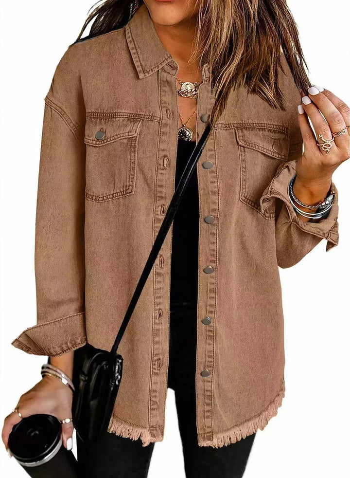 Women's Oversized Black Denim Snap-Button Longline Jacket - Brown