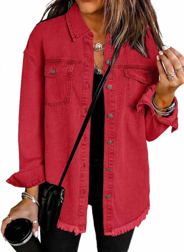 Women's Oversized Black Denim Snap-Button Longline Jacket - Red