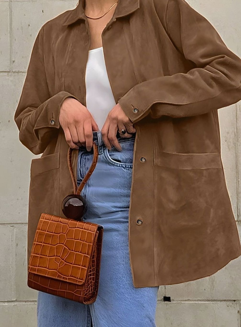 Women's Oversized Brown Suede Style Button-Down Jacket - Coffee Brown