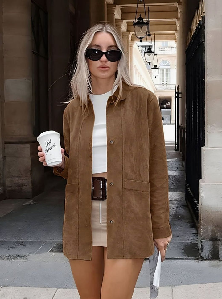 Women's Oversized Brown Suede Style Button-Down Jacket