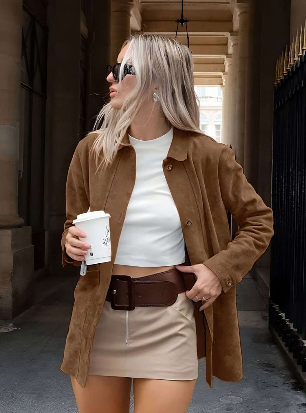 Women's Oversized Brown Suede Style Button-Down Jacket