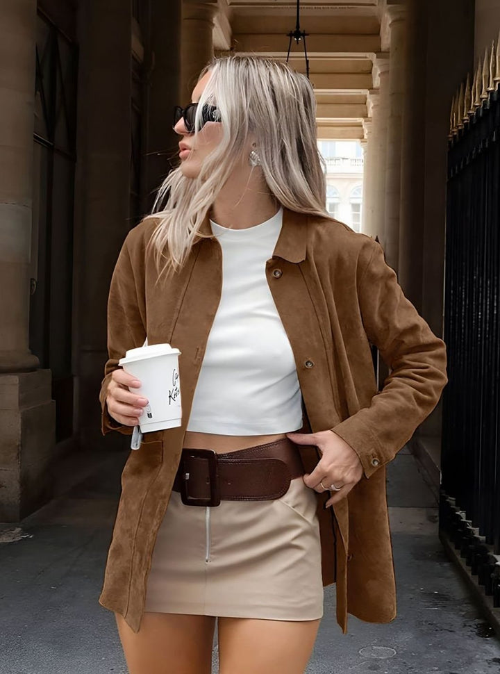 Women's Oversized Brown Suede Style Button-Down Jacket