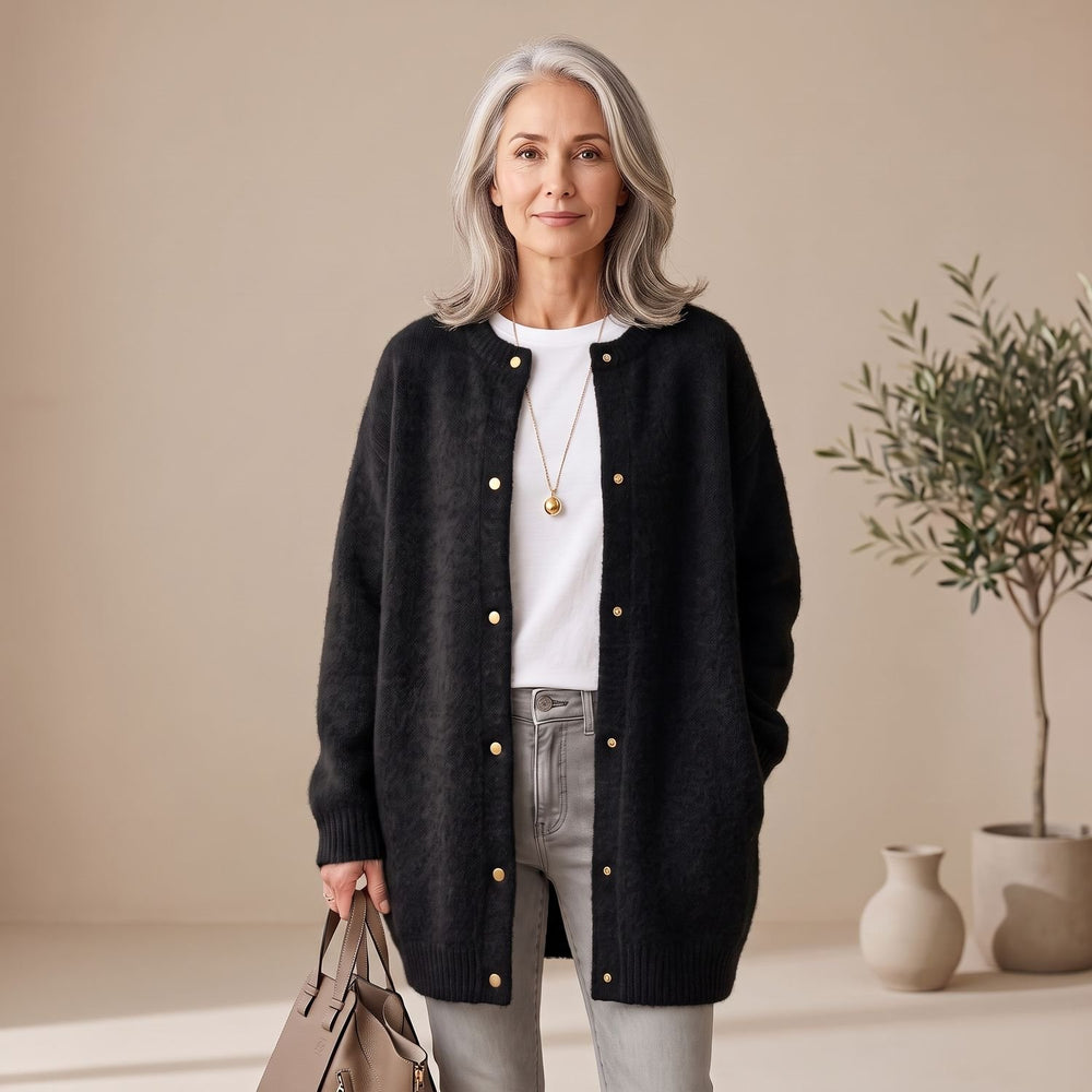 Women's Oversized Button-Front Knit Cardigan - Black