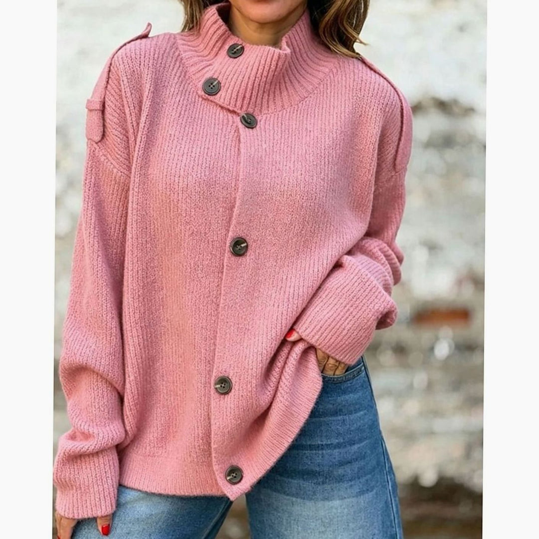 Women's Oversized Button-Front Stand-Collar Knit Cardigan - Pink