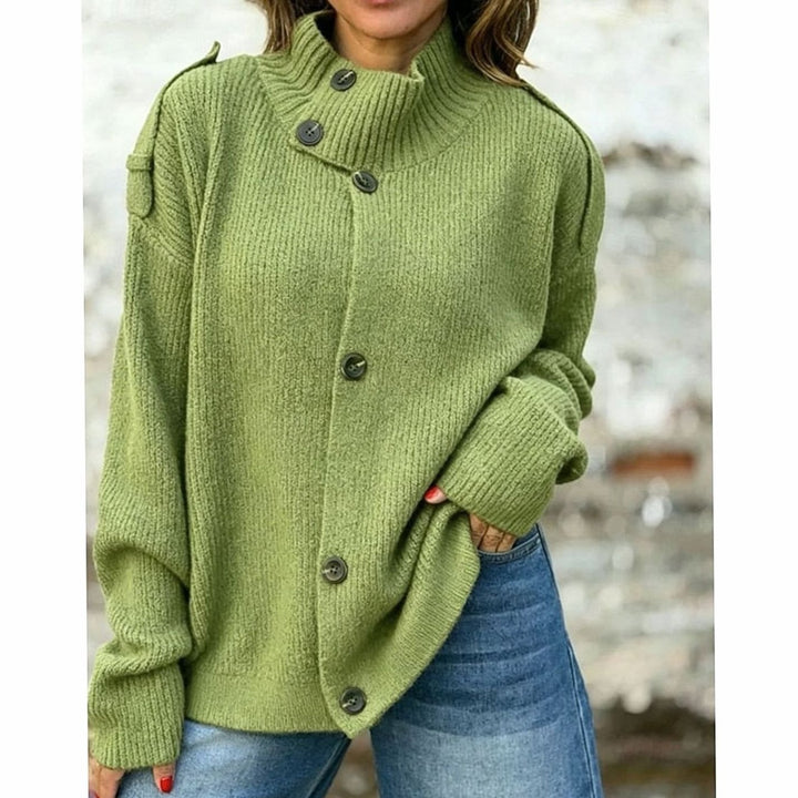 Women's Oversized Button-Front Stand-Collar Knit Cardigan - Green