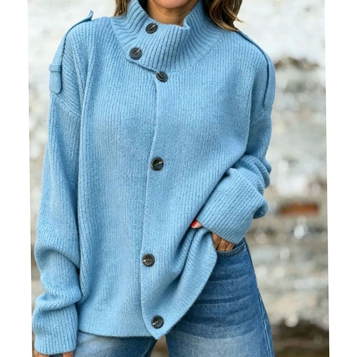 Women's Oversized Button-Front Stand-Collar Knit Cardigan - Blue