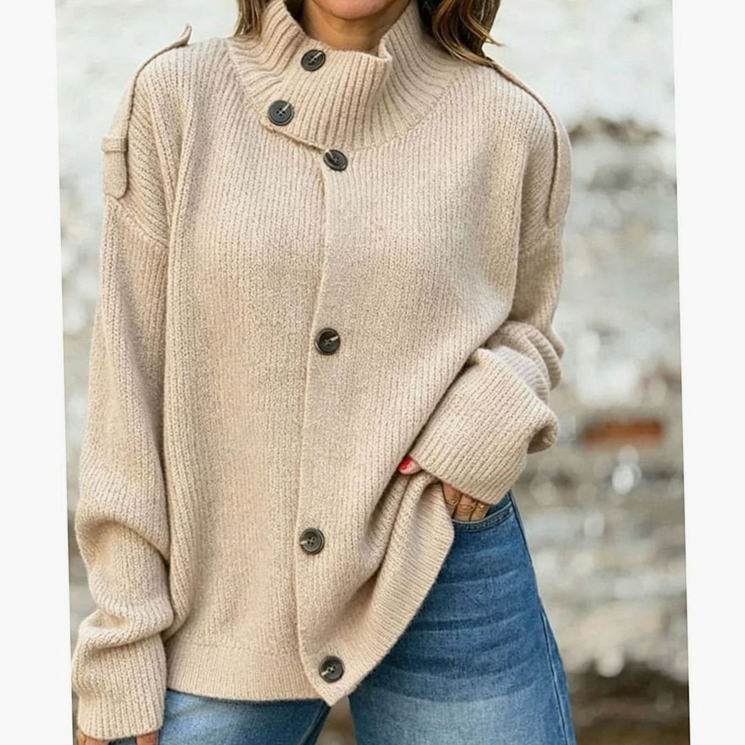 Women's Oversized Button-Front Stand-Collar Knit Cardigan - Apricot