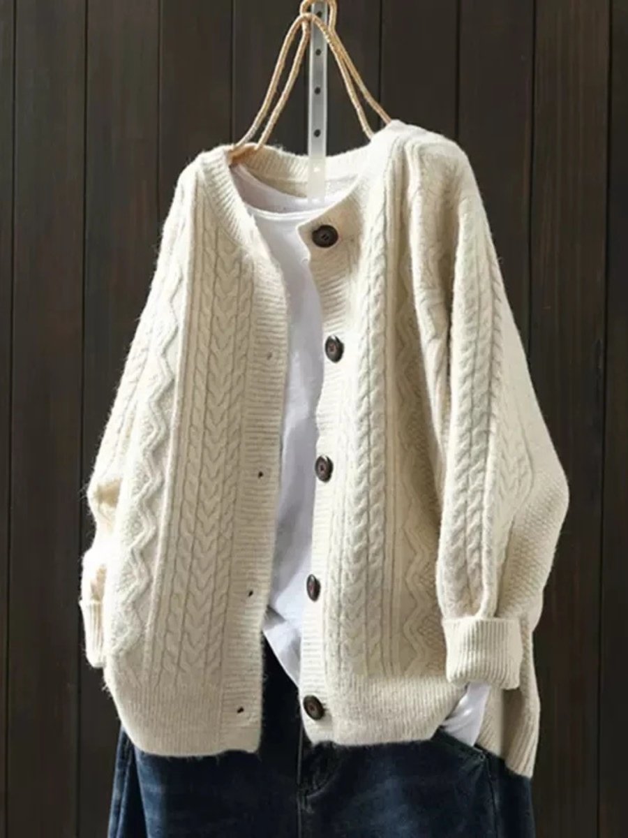 Women's Oversized Cable-Knit Button-Down Cardigan Sweater - Beige