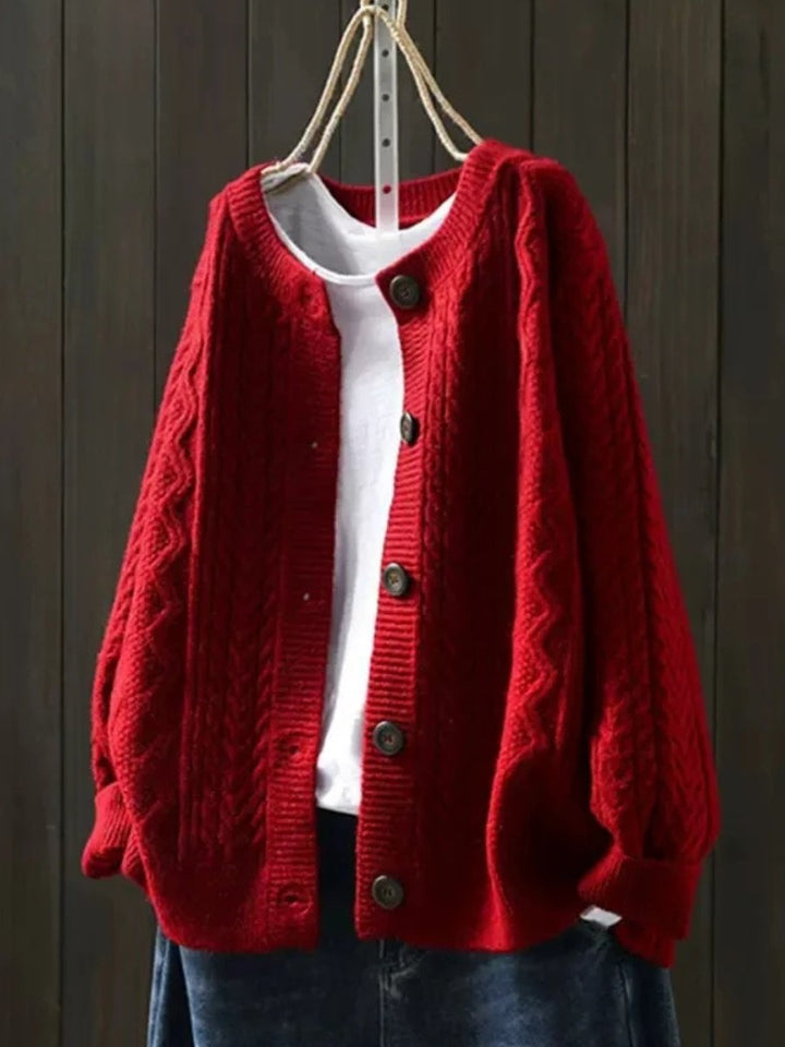 Women's Oversized Cable-Knit Button-Down Cardigan Sweater - Red