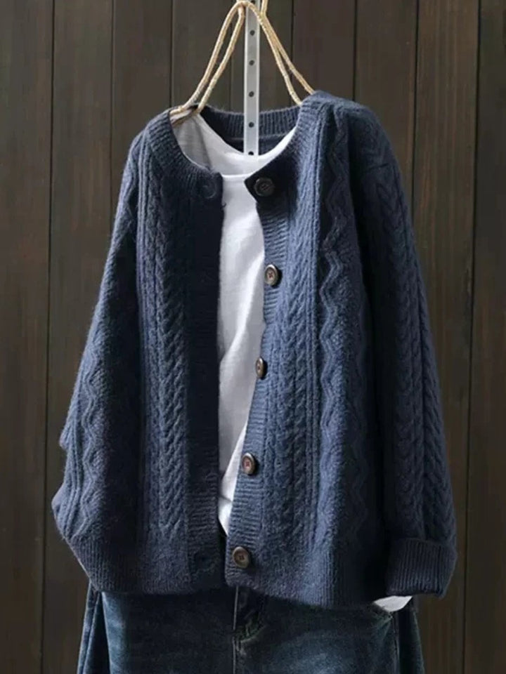 Women's Oversized Cable-Knit Button-Down Cardigan Sweater - Navy Blue