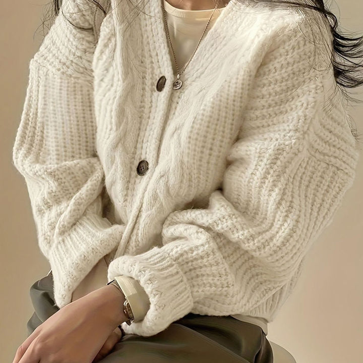 Women's Oversized Cable-Knit Button-Front Cardigan - Apricot