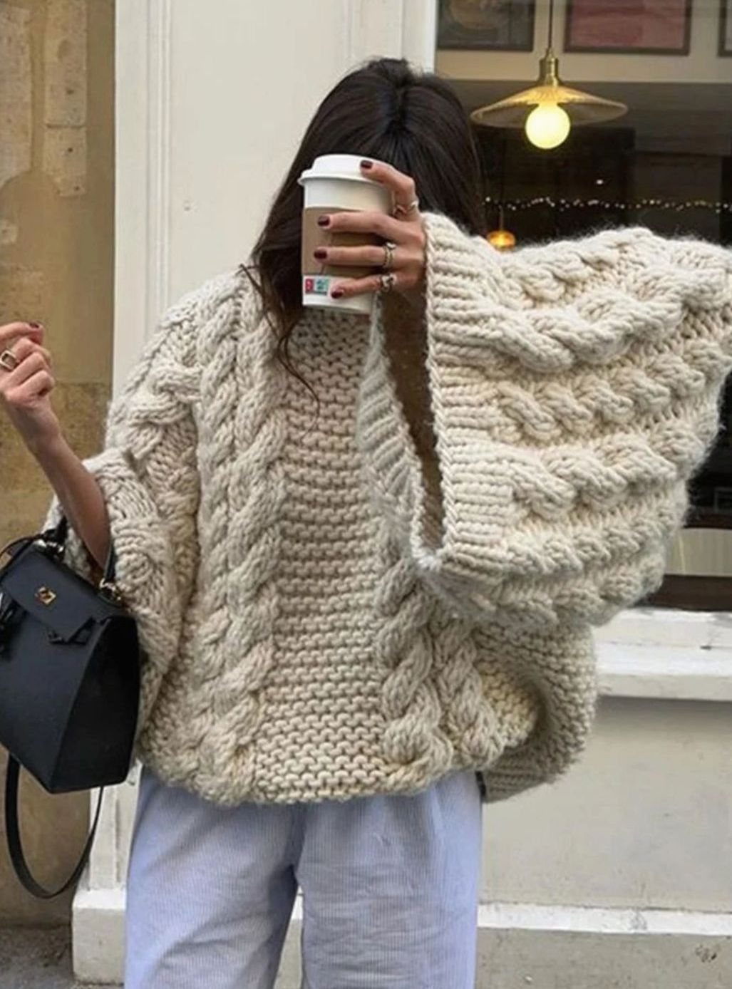 Women's Oversized Cable-Knit Chunky Pullover Sweater - White