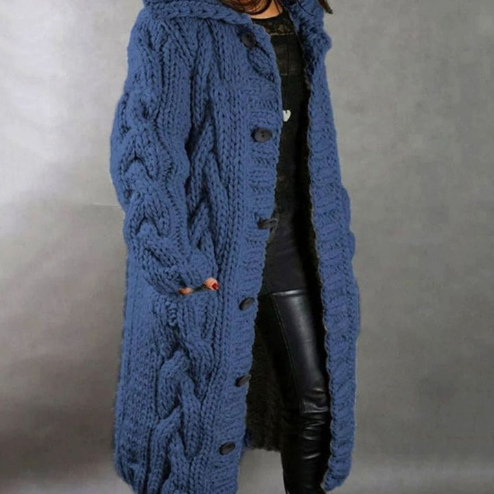 Women's Oversized Cable Knit Hooded Button Cardigan - Blue
